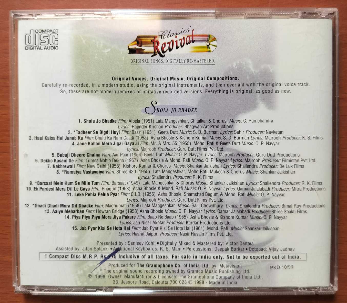 CLASSICS REVIVAL SHOLA JO BHADKE - Hindi Old Film Collection Audio Cd - Image 3