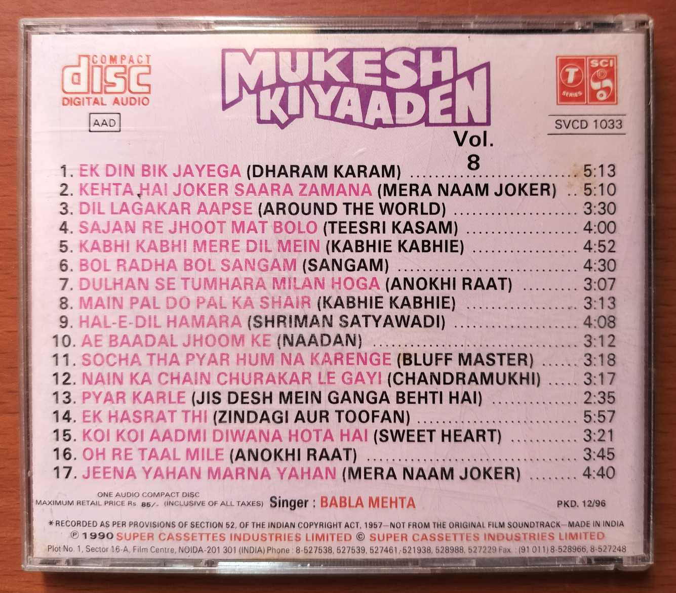 MUKESH KI YAADEN VOL . 8 - Hindi Film Collection Audio Cd - Image 2