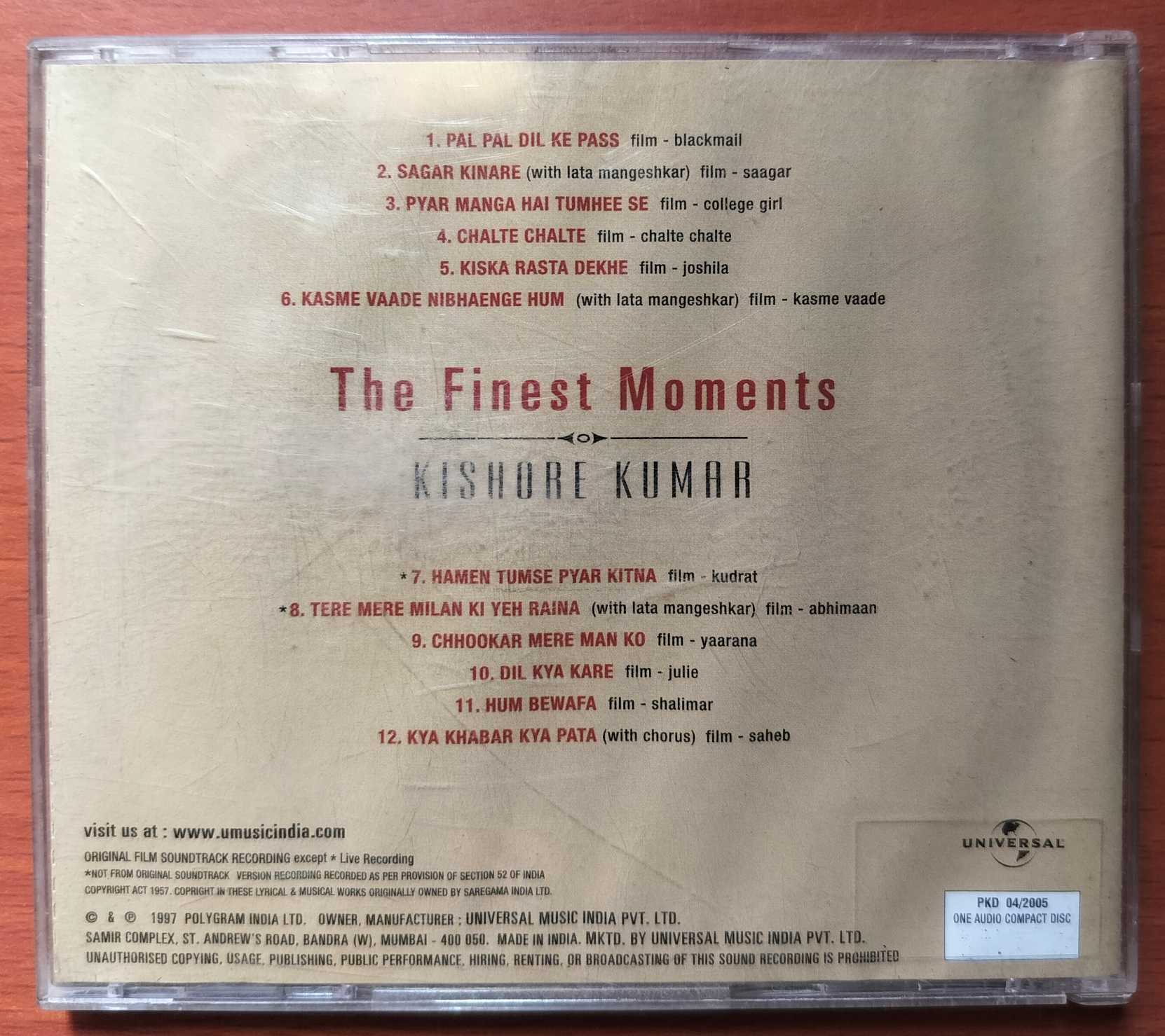 THE FINEST MOMENTS - Kishore Kumar Hindi Film Collection Audio Cd - Image 3