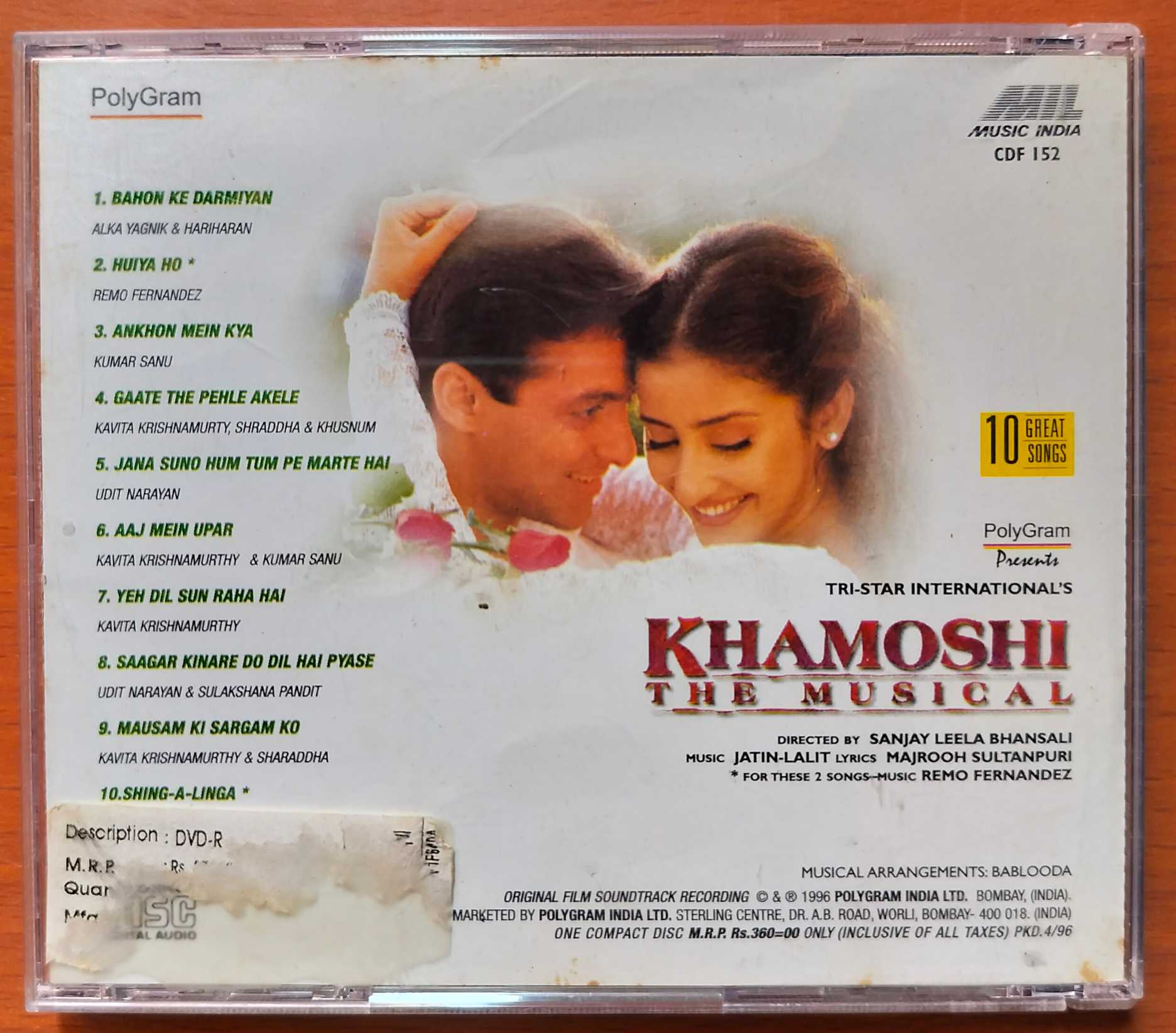KHAMOSHI - Jatin Lalit Hindi Film Audio Cd - Image 3