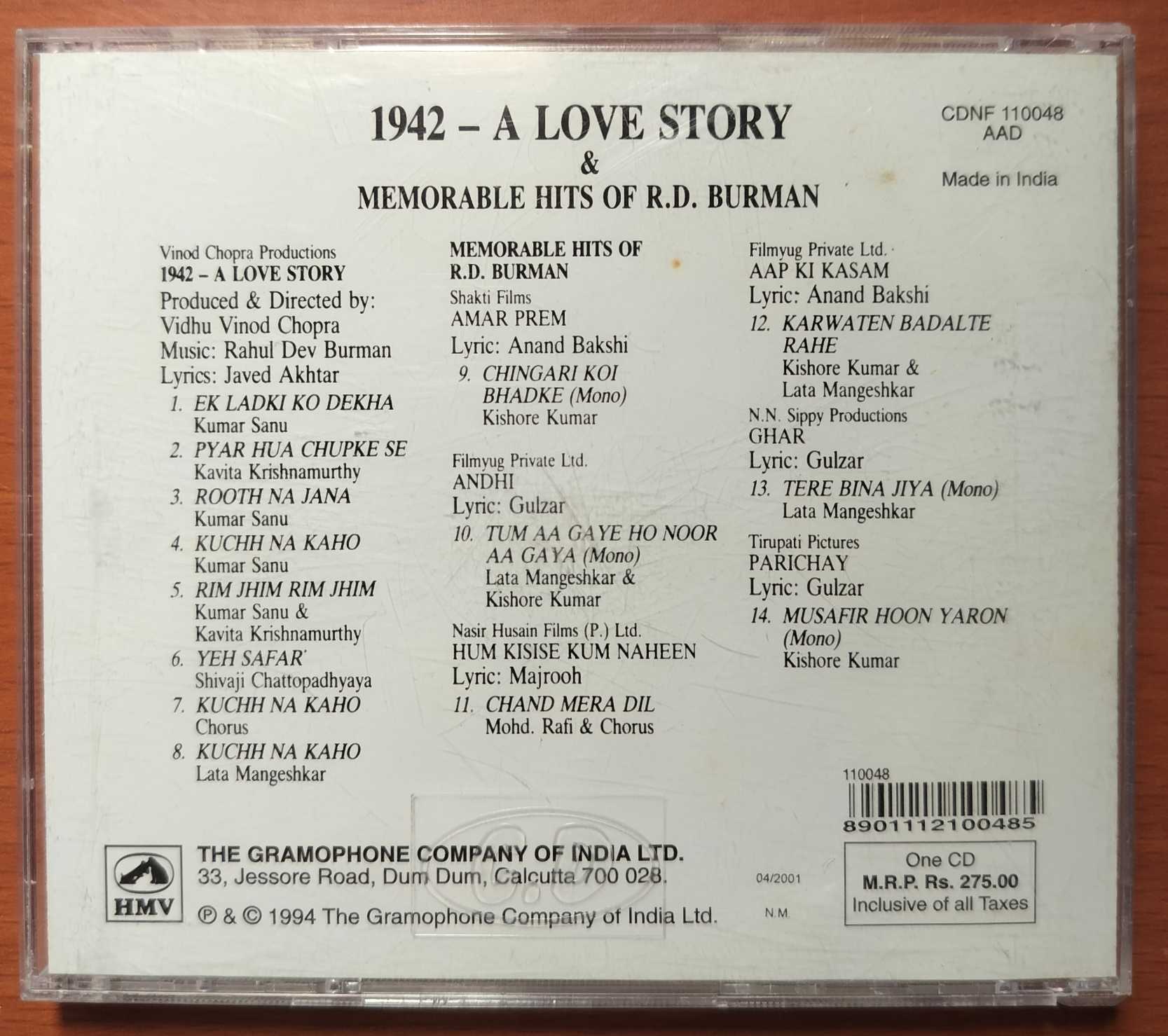 1942 - A LOVE STORY / MEMORABLE HITS OF R.D. BURMAN - R.D. Burman Hindi Film Audio Cd - Image 3