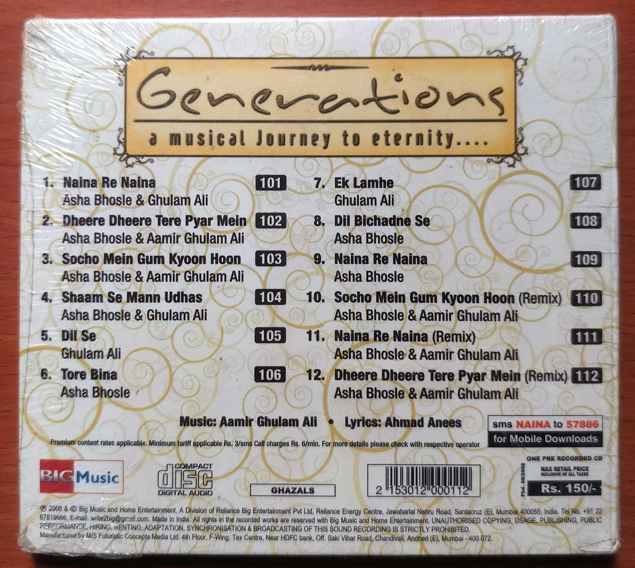 GENERATIONS A MUSICAL JOURNEY TO ETERNITY - Asha Bhosle & Ghulam Ali Hindi Collection Audio Cd (FACTORY SEALED PACK) - Image 2